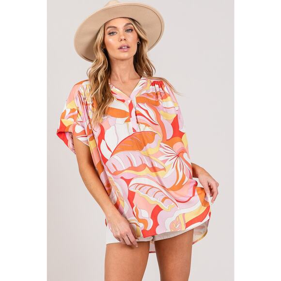 SAGE + FIG Abstract Print Half Button Short Sleeves Oversized Blouse | Coral - Picture 4 of 6